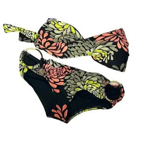 L*Space Black Floral Pattern Bikini Small Bottom Large Top